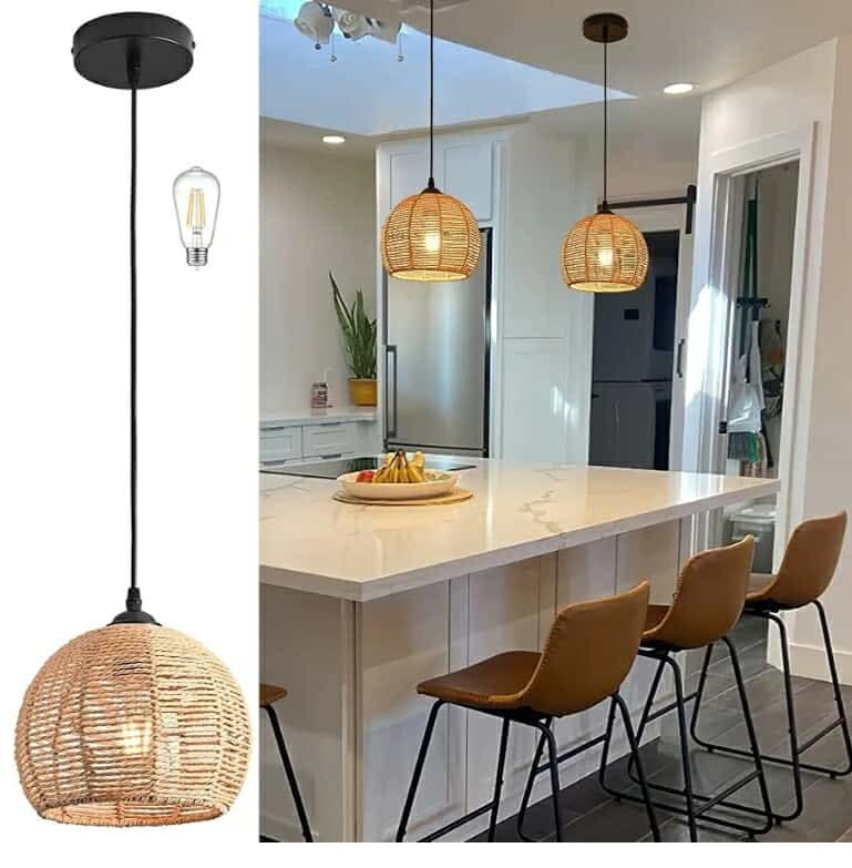 Hemp Rope Woven Pendant Light Woven Light Fixture Boho Chandelier Light Fixture Wicker Pendant Light Rattan Light Pendant Dome Wicker Chandelier for Bedroom Kitchen Island (Bulb Incl.)