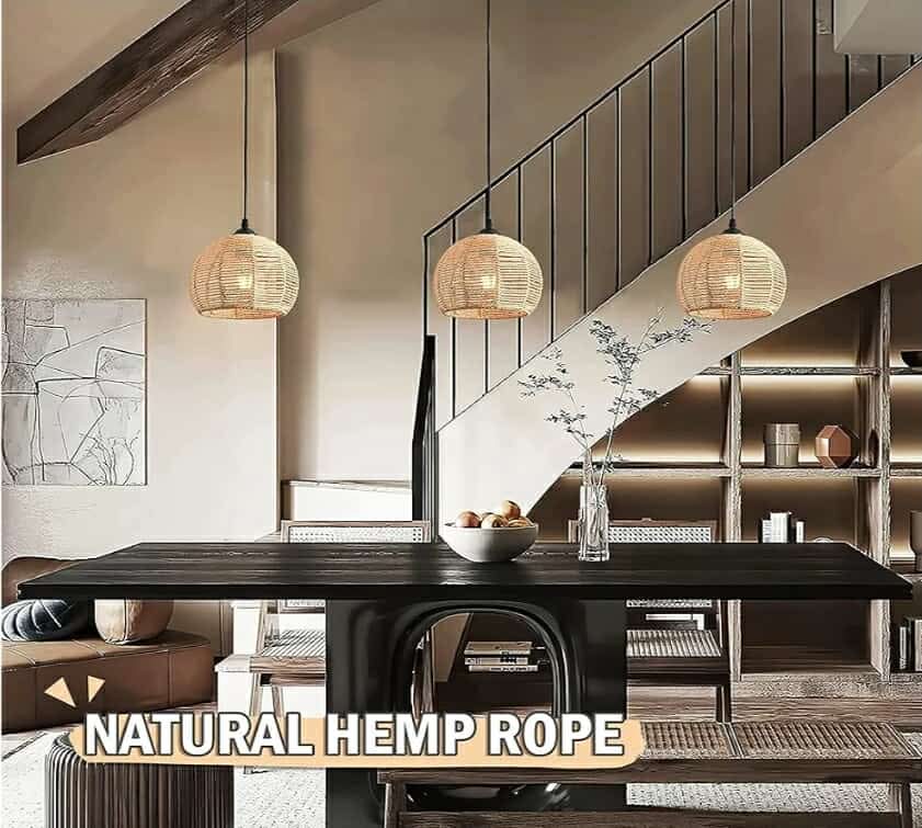 Hemp Rope Woven Pendant Light Woven Light Fixture Boho Chandelier Light Fixture Wicker Pendant Light Rattan Light Pendant Dome Wicker Chandelier for Bedroom Kitchen Island (Bulb Incl.) - Image 8