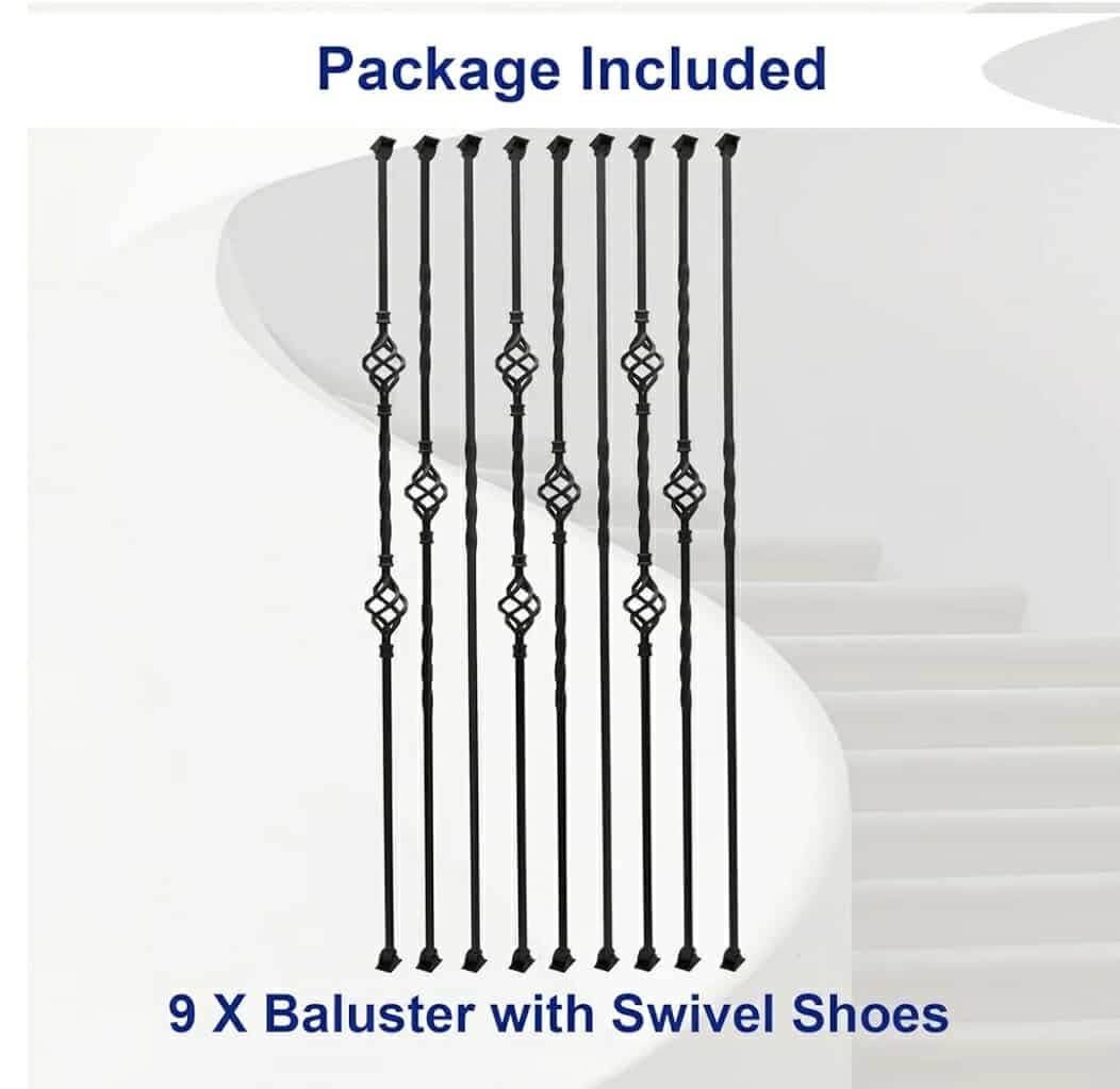 9 Pack Iron Balusters,Hollow Double Basket Iron Spindles Hollow Single Basket Staircase Balusters Single Twist 1/2" Square Stair Balusters with 18 Swivel Shoes - Image 12