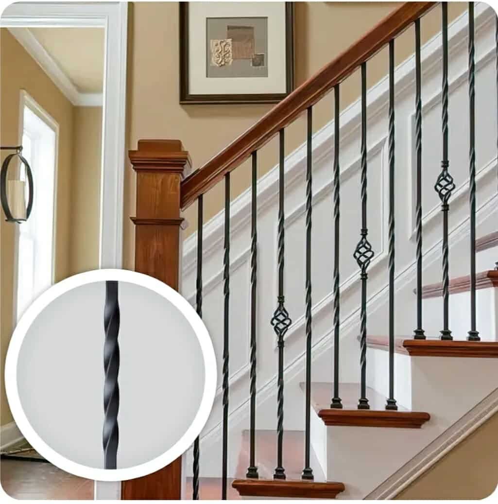 9 Pack Iron Balusters,Hollow Double Basket Iron Spindles Hollow Single Basket Staircase Balusters Single Twist 1/2" Square Stair Balusters with 18 Swivel Shoes - Image 7