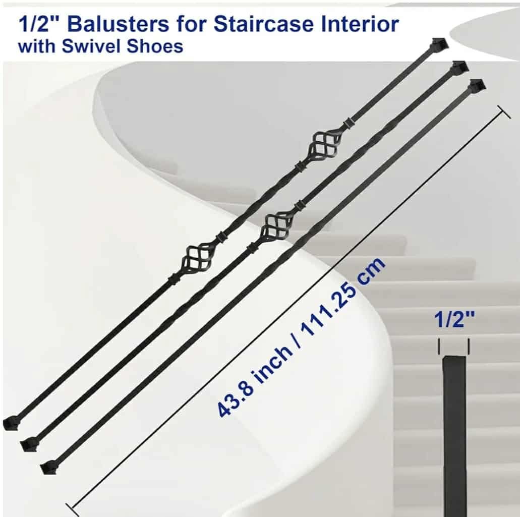 9 Pack Iron Balusters,Hollow Double Basket Iron Spindles Hollow Single Basket Staircase Balusters Single Twist 1/2" Square Stair Balusters with 18 Swivel Shoes - Image 5