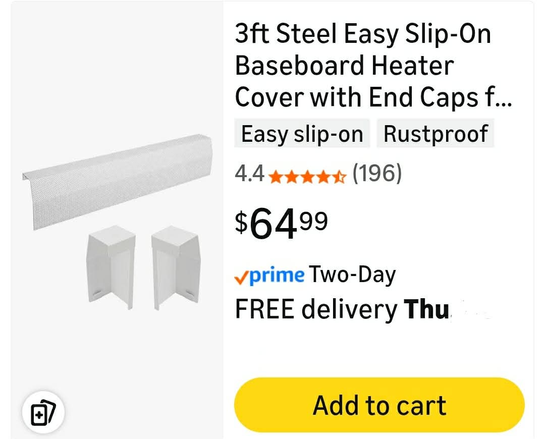 3ft Steel Easy Slip-On Baseboard Heater Cover with End Caps for Bathroom & Hydronic System for Replacing Old Cover, White