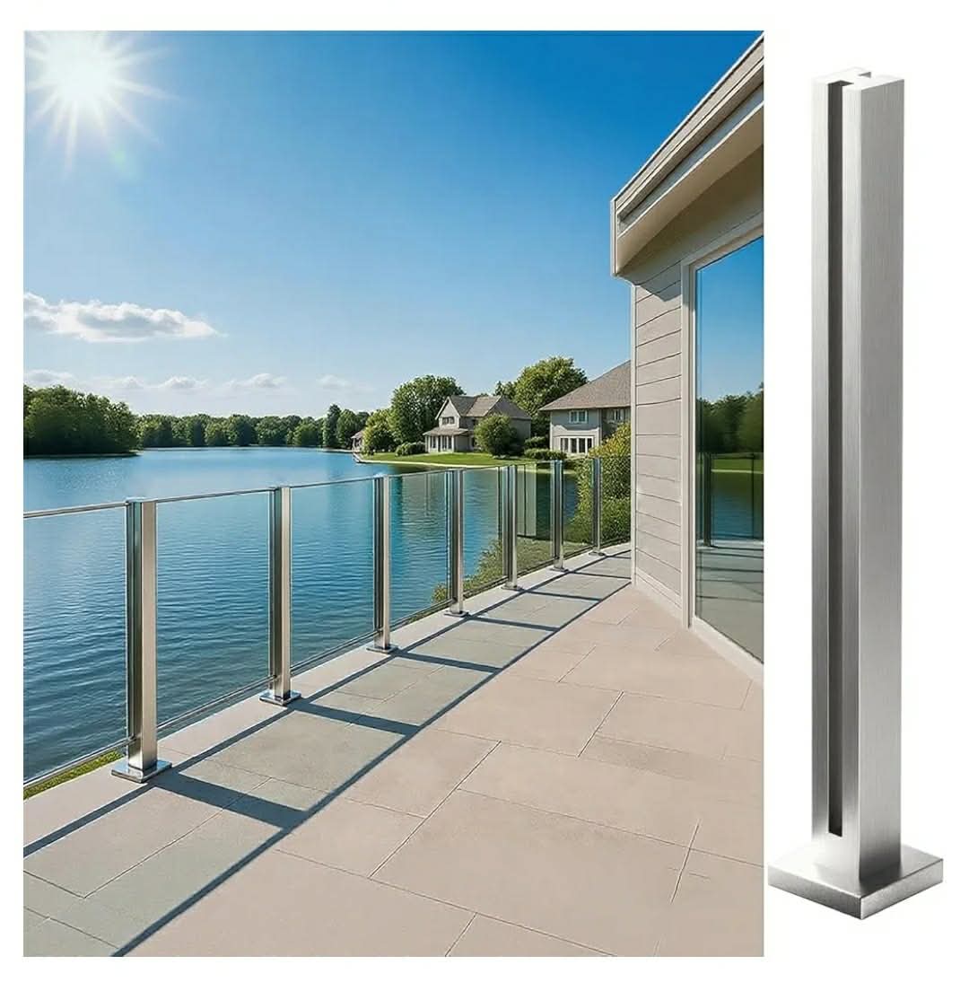 Glass Railing Post, No-Punch Heavy-Duty Glass Railing with Spigot Slots & Base, 304 Stainless Steel Clamp Bracket for Deck Balusters, Balcony, Patio, Stairs, Silver, 23.6in, 60cm Middle Post