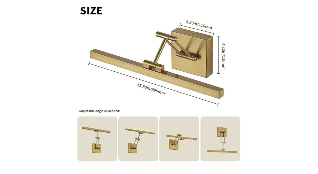 Hard-Wired Picture Light Dimmable LED Picture Lights for Paintings 15.7" Inch Brass Metal Body Wall Pictures with Adjustable Gold Swing Arm Art Display Lamps 7W 3000K Warm White Book Light - Image 8