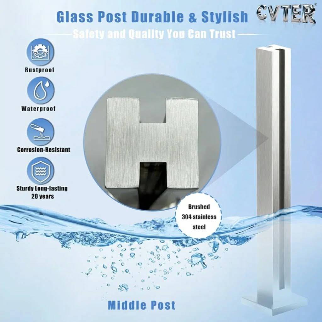 Glass Railing Post, No-Punch Heavy-Duty Glass Railing with Spigot Slots & Base, 304 Stainless Steel Clamp Bracket for Deck Balusters, Balcony, Patio, Stairs, Silver, 23.6in, 60cm Middle Post - Image 5