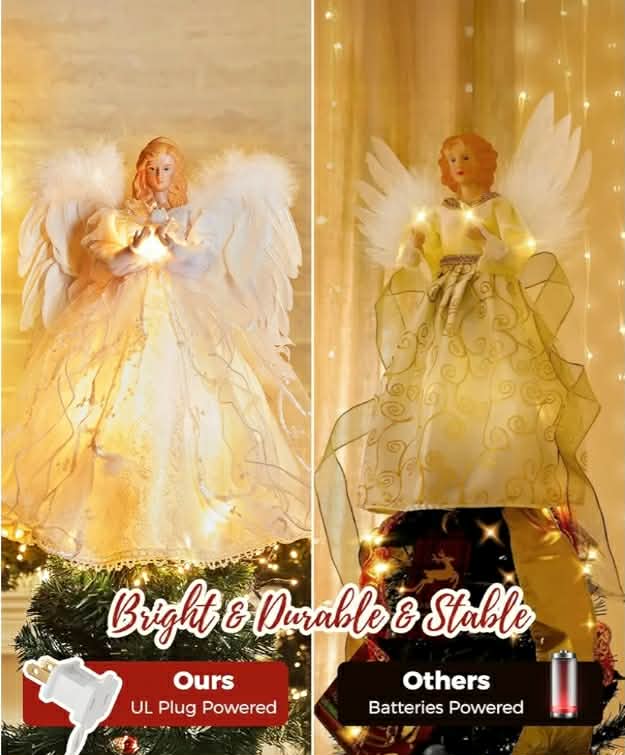 Christmas Tree Topper Angel with Lights, Xmas Tree Toppers Decorations Ornament with White Feather Wings, Plug in Christmas Tree Angel Treetop for Indoor Office Holiday - Image 8