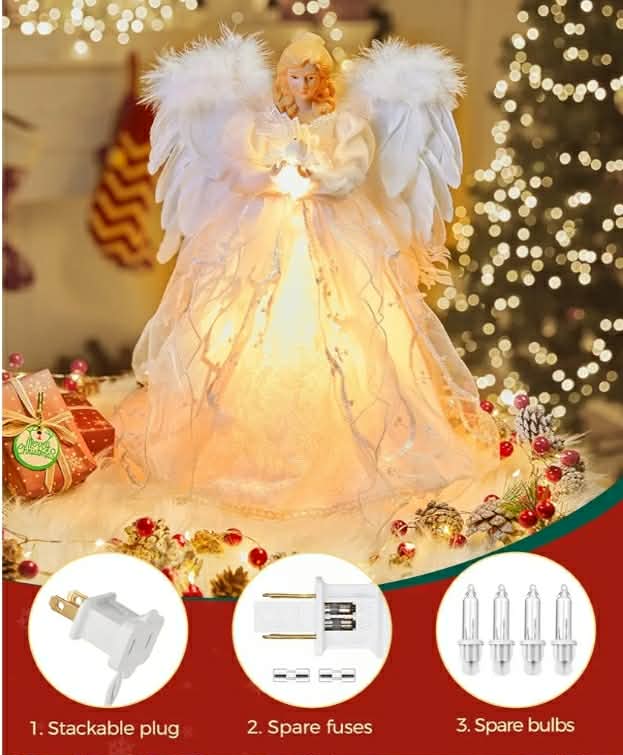 Christmas Tree Topper Angel with Lights, Xmas Tree Toppers Decorations Ornament with White Feather Wings, Plug in Christmas Tree Angel Treetop for Indoor Office Holiday - Image 9