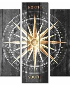 5 Pieces Vintage Grey and Gold Canvas Wall Art Nautical Compass Directions Painted on Wood Design Giclee Print Gallery Wrap For Modern Home Office Bedroom Decoration Ready to Hang