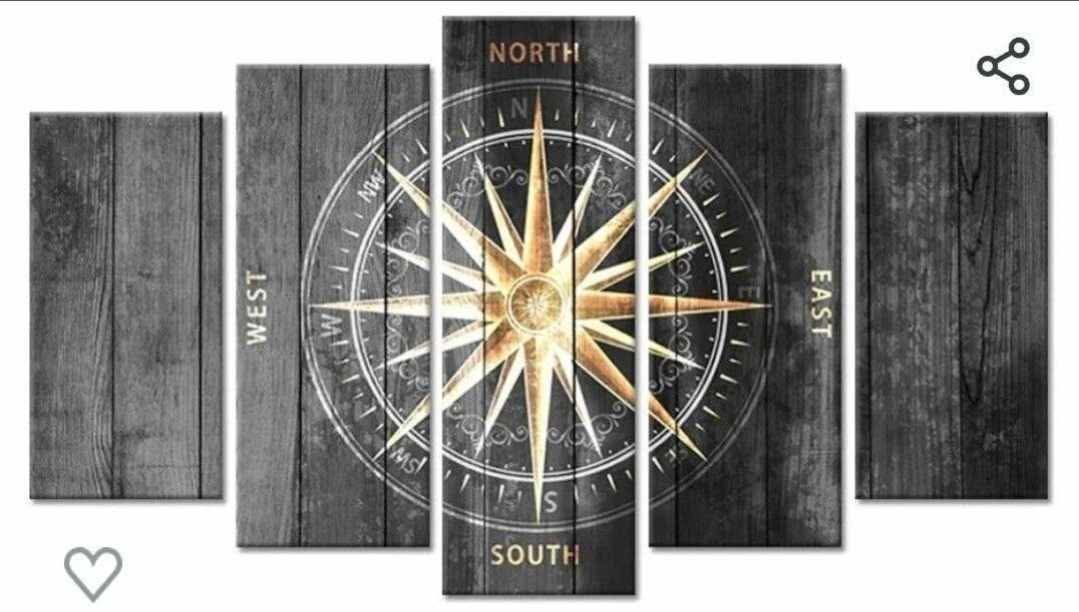 5 Pieces Vintage Grey and Gold Canvas Wall Art Nautical Compass Directions Painted on Wood Design Giclee Print Gallery Wrap For Modern Home Office Bedroom Decoration Ready to Hang