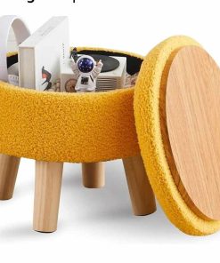Storage Ottoman, Modern Round Footrest with Soft Padded Seat, Teddy Velvet Footstool with Wood Legs, Accent Small Table or Plant Stand for Hallway, Living Room (Brilliant Yellow)