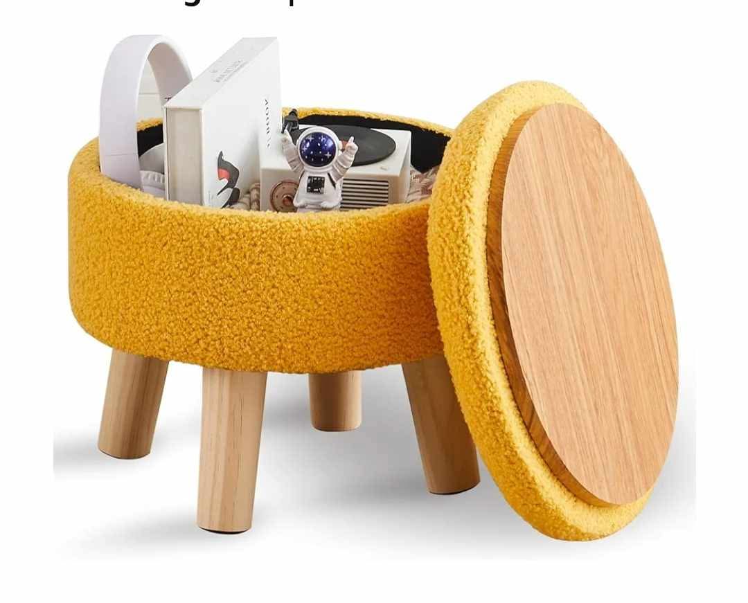 Storage Ottoman, Modern Round Footrest with Soft Padded Seat, Teddy Velvet Footstool with Wood Legs, Accent Small Table or Plant Stand for Hallway, Living Room (Brilliant Yellow)