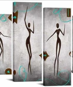 4 Panel Abstract African Canvas Art Decor Vintage Dancing Black Woman Painting Wall Picture Print Teal Framed Artwork for Dancing Room, 32x48
