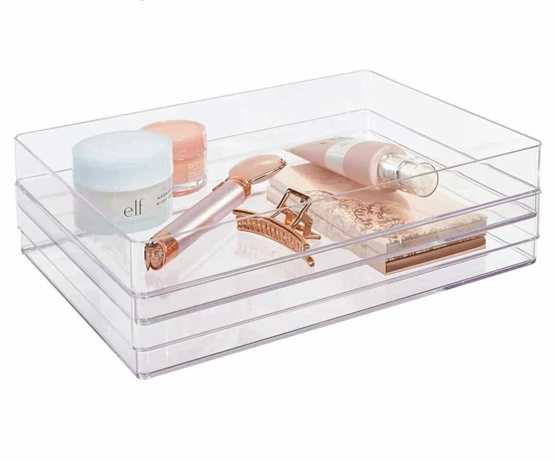 2-Piece Stackable Clear Drawer Organizer Set | 12" x 9" x 2" Rectangle Trays | Wide Makeup Vanity Storage Bins and Office Desk Drawer Dividers