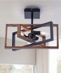 Farmhouse 3-Light Flush Mount Ceiling Light Fixture Rustic Metal and Wood Chandelier Retro Close to Ceiling Lighting