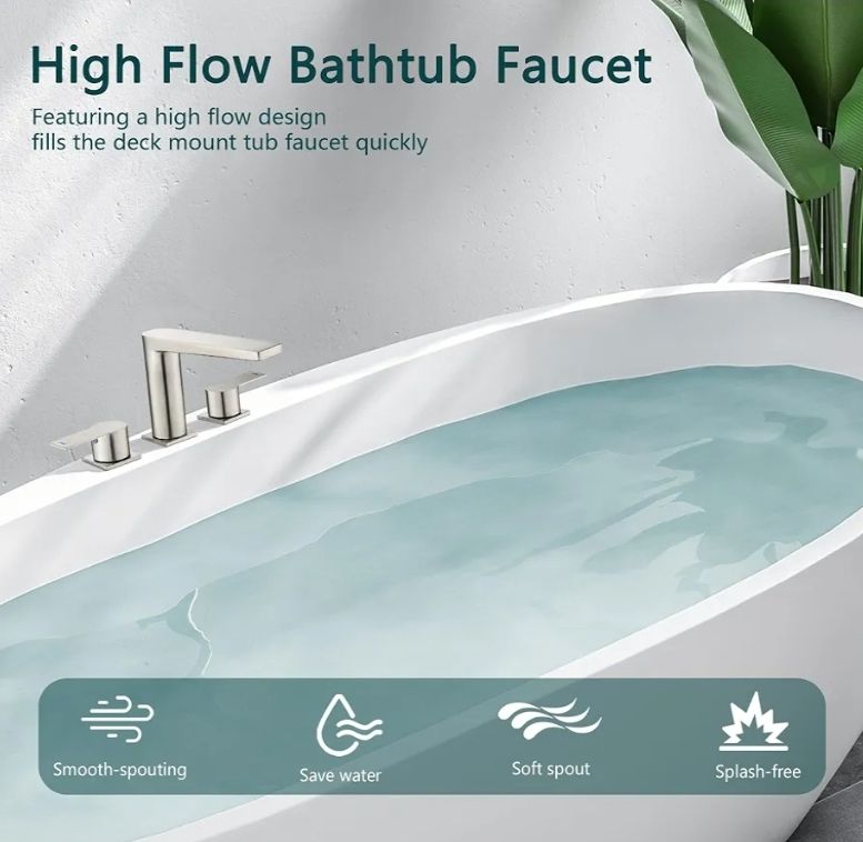 2 Handle Deck Mount Tub Faucet, Roman Bathtub Faucet Set, 3 Hole Widespread Bathtub Faucet High Flow, Brushed Nickel - Image 7