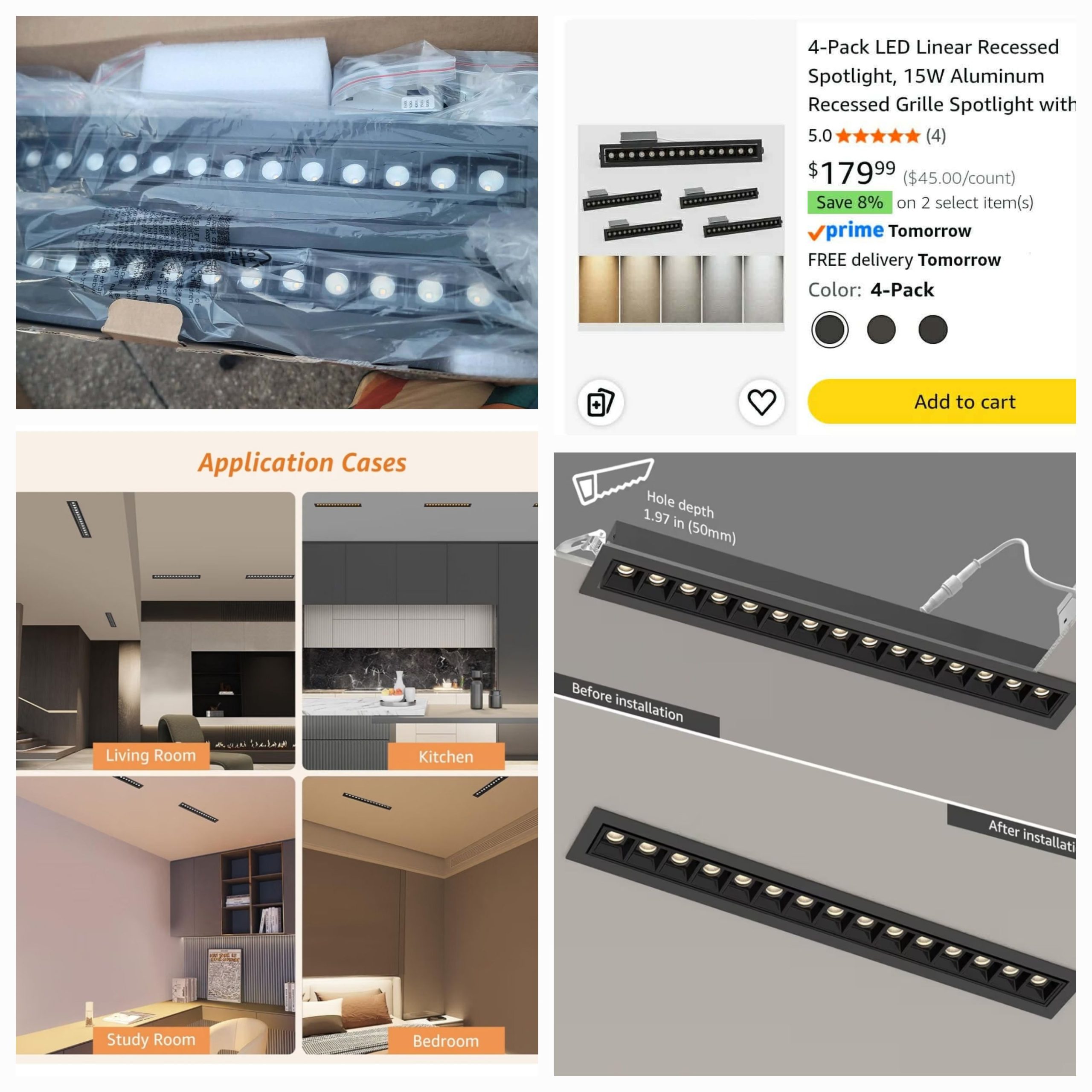 4-Pack LED Linear Recessed Spotlight, 15W Aluminum Recessed Grille Spotlight with Junction Box, Dimable Downlight 5 CCT 3000K-6500K, TRIAC Dimming Lighting - Image 14
