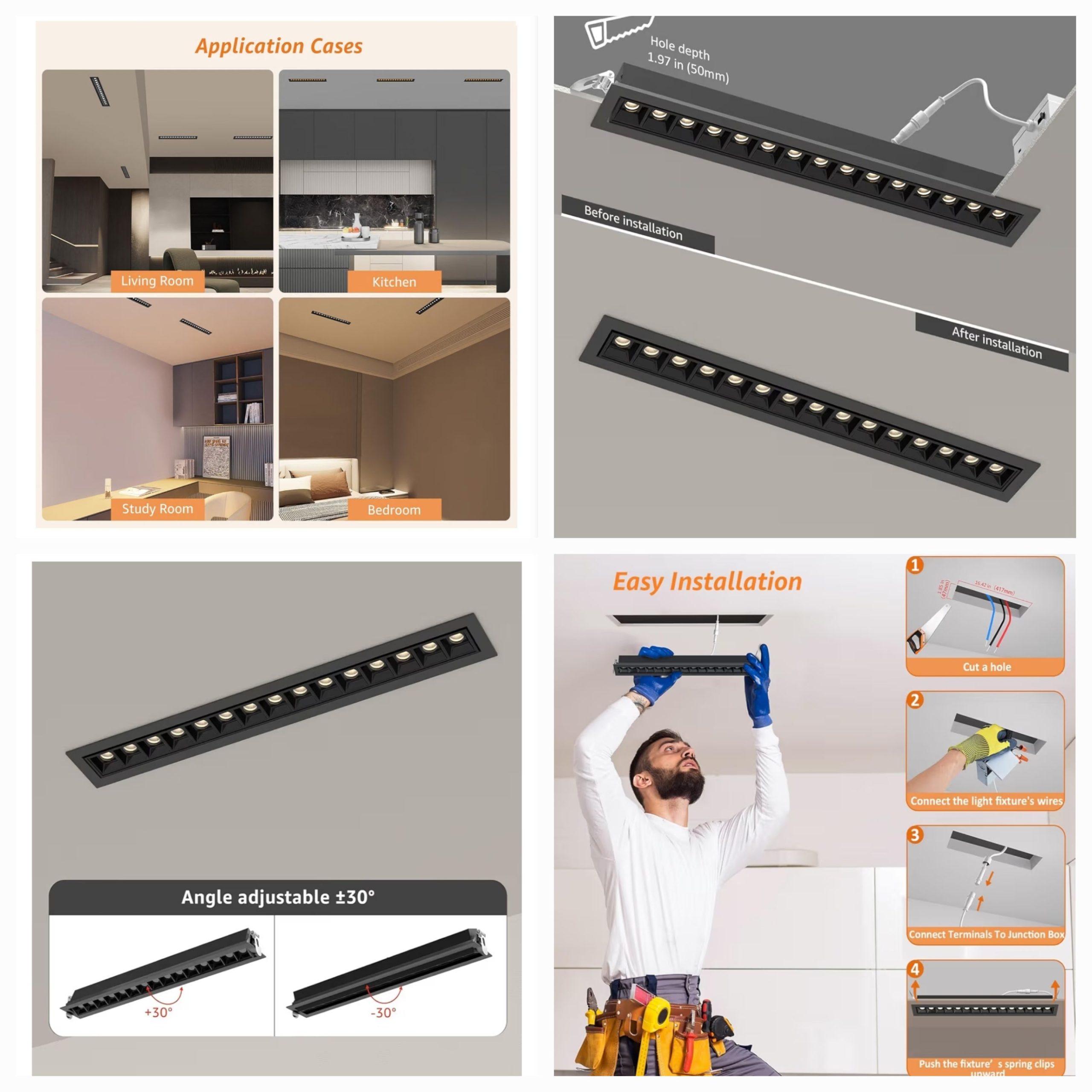 4-Pack LED Linear Recessed Spotlight, 15W Aluminum Recessed Grille Spotlight with Junction Box, Dimable Downlight 5 CCT 3000K-6500K, TRIAC Dimming Lighting - Image 15