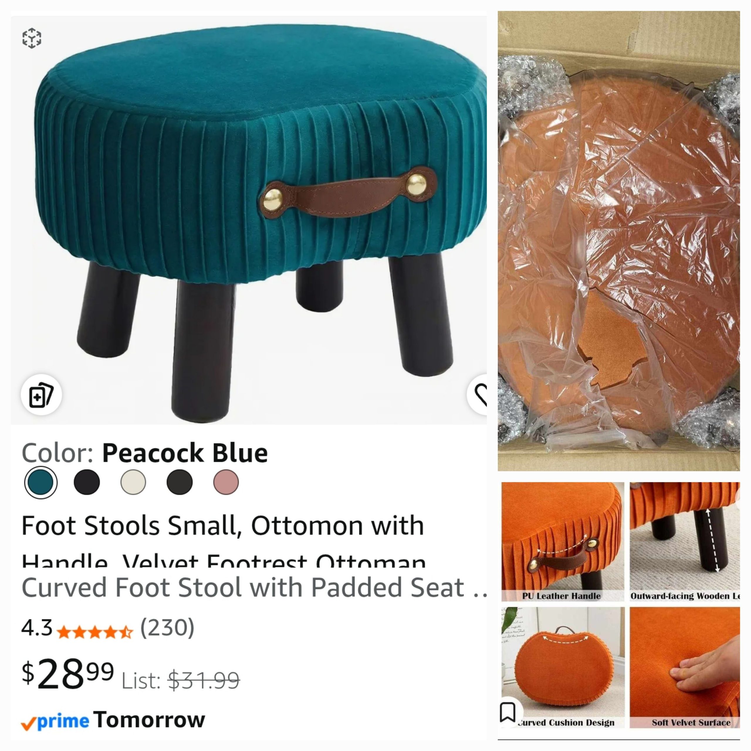 Small Footstool with Handle, Velvet Ottoman Foot Rest with Padded Seat, Curved Foot Stool with Wooden Legs - Image 3