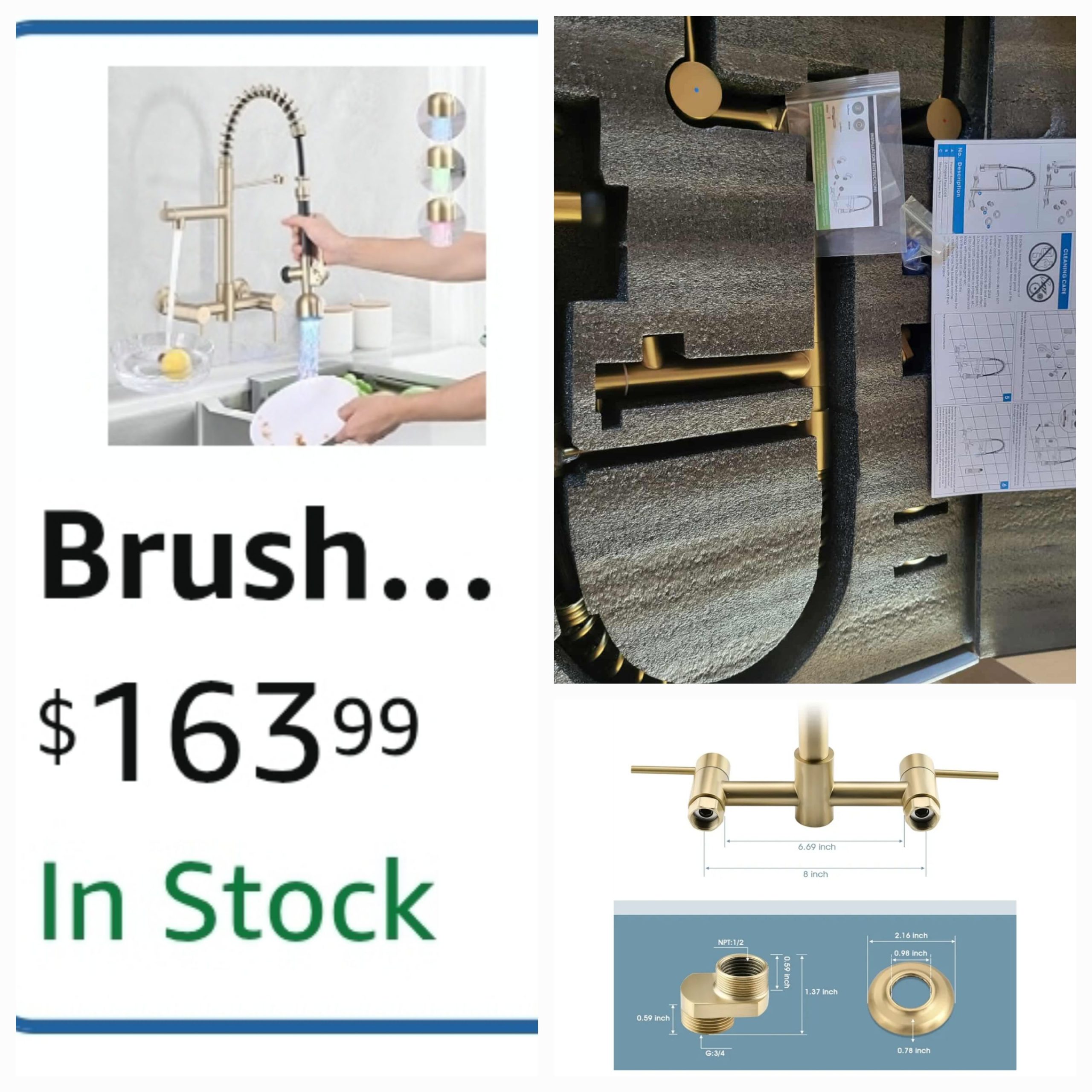 Wall Mount Kitchen Faucet with Pull Down Sprayer, 8 Inch Center Kitchen Sink Faucet, Heavy-Duty Commercial Wall Mount Faucets, 2 Handle Faucet for Kitchen Sink, Brushed Golden - Image 2