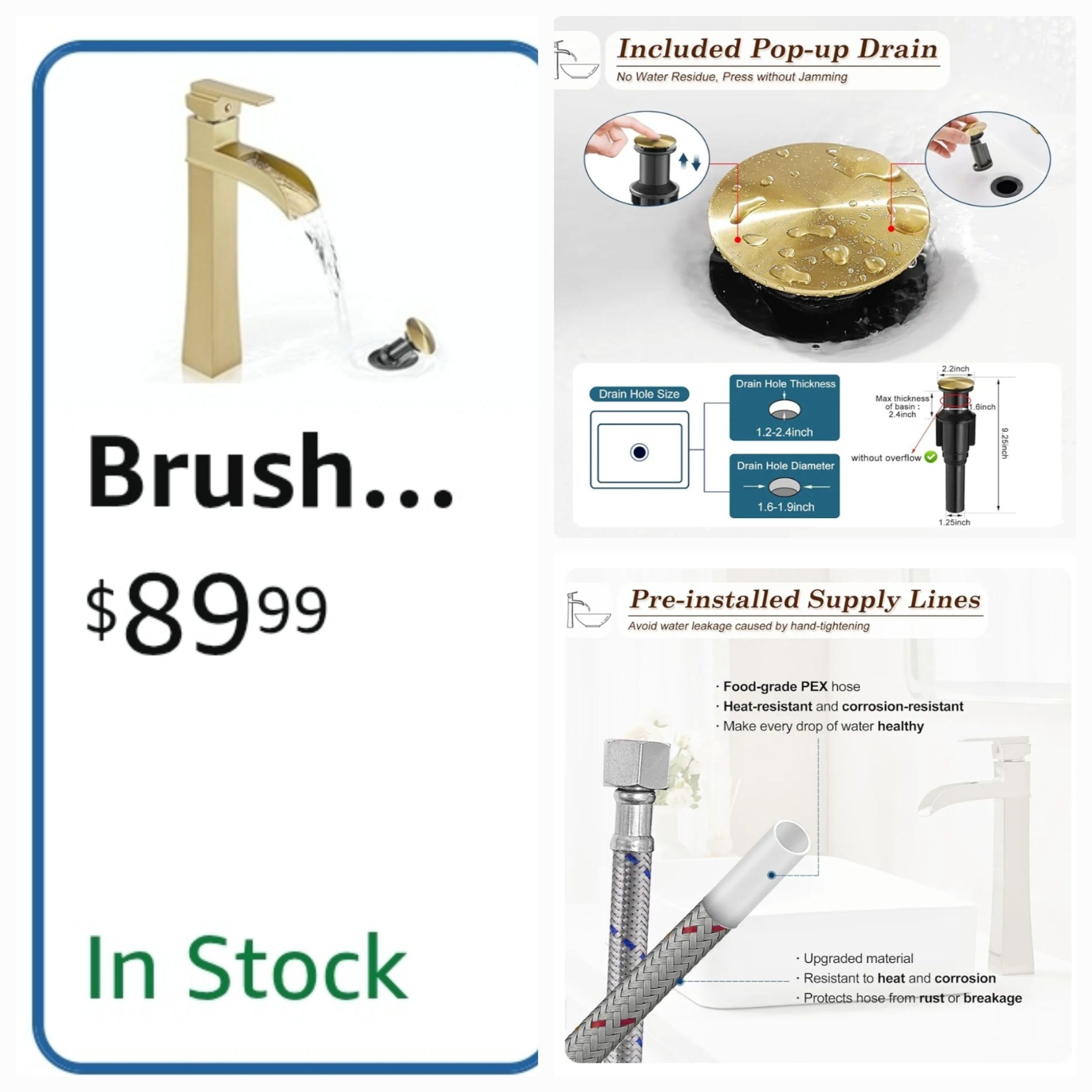 Brass Vessel Sink Faucets, Brushed Gold Tall Bathroom Faucet Single Handle, 1 Hole w Pop-Up Drain & Pre-Installed Hoses - Image 15