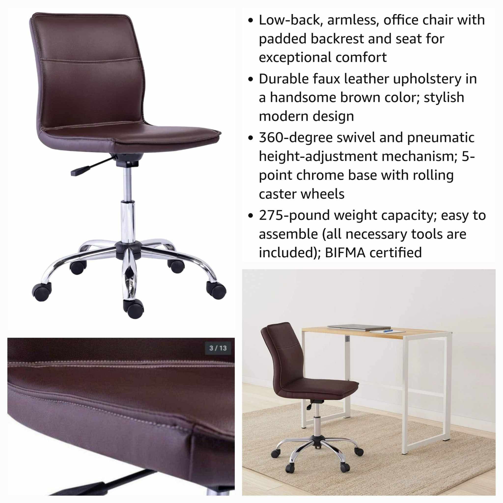 Modern Armless Office Desk Chair, Height Adjustable, 360-Degree Swivel, 275Lb Capacity, Brown/Chrome - Image 9