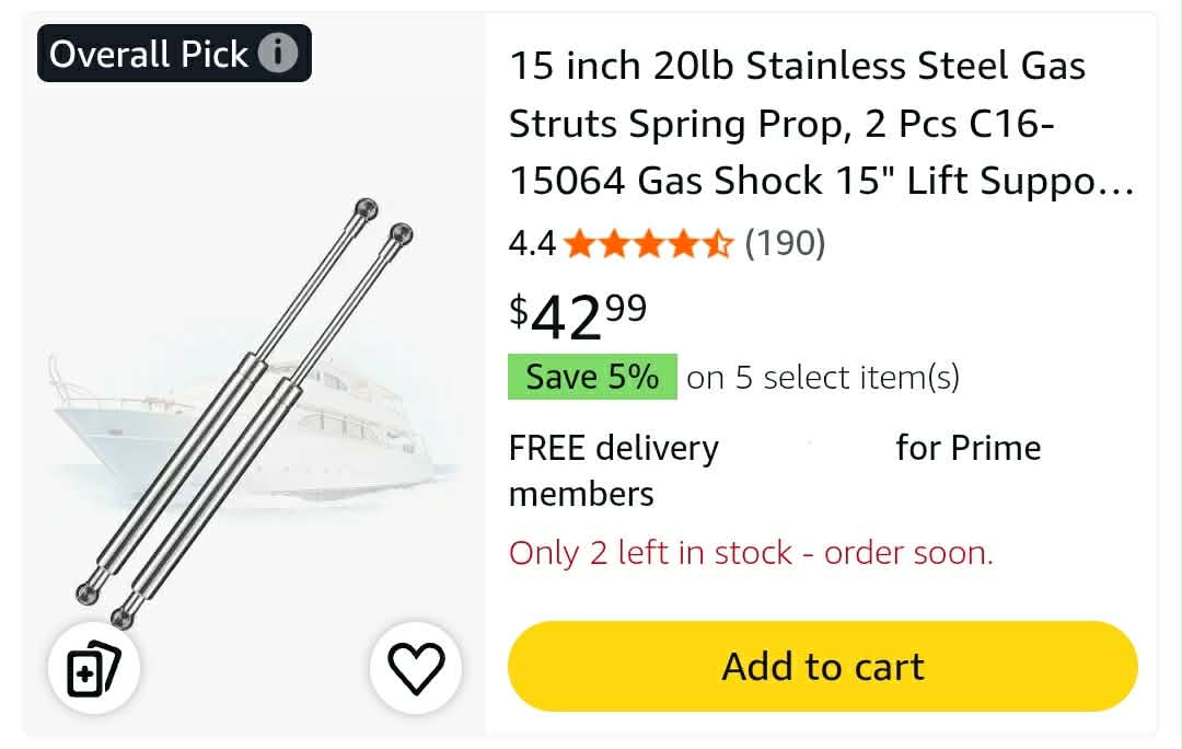15 inch 20lb Stainless Steel Gas Struts Spring Prop, 2 Pcs C16-15064 Gas Shock 15" Lift Support Marine Gas Struts - Image 2