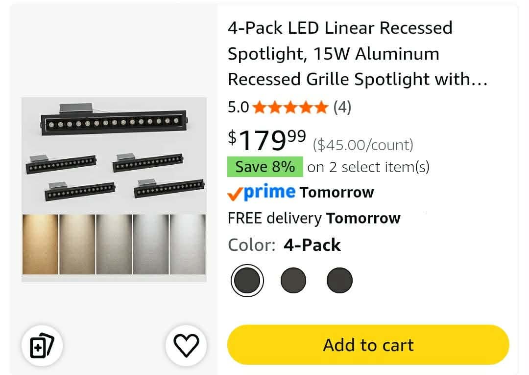 4-Pack LED Linear Recessed Spotlight, 15W Aluminum Recessed Grille Spotlight with Junction Box, Dimable Downlight 5 CCT 3000K-6500K, TRIAC Dimming Lighting - Image 2