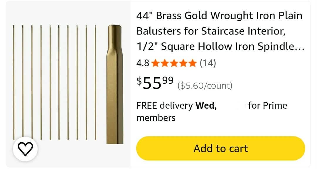 10pk 44" Brass Gold Wrought Iron Plain Balusters for Staircase Interior, 1/2" Square Hollow Iron Spindles, Decorative Stair Railing - Image 2
