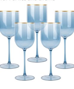 Blue Plastic Wine Glasses With Gold Rim - 12oz (5-Pack)