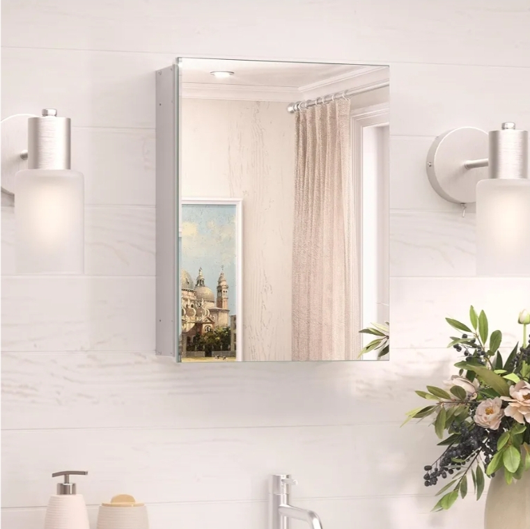 14x18 Recessed Medicine Cabinet with Mirror Aluminum, Frameless Bathroom Mirror with Storage Stepless Adjustable, Silver Surface Mount Medicine Cabinet