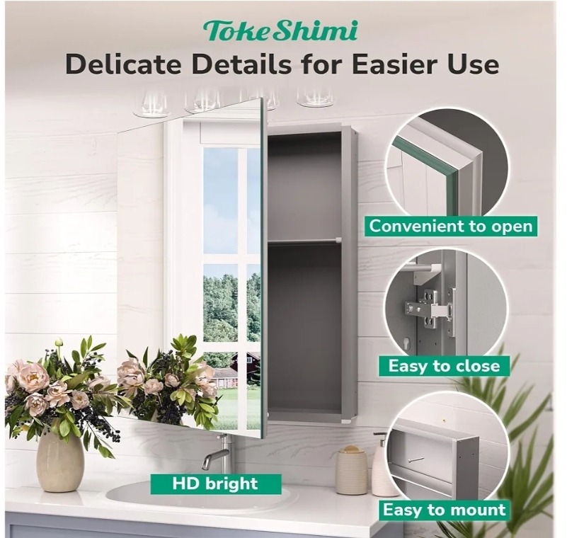 14x18 Recessed Medicine Cabinet with Mirror Aluminum, Frameless Bathroom Mirror with Storage Stepless Adjustable, Silver Surface Mount Medicine Cabinet - Image 7