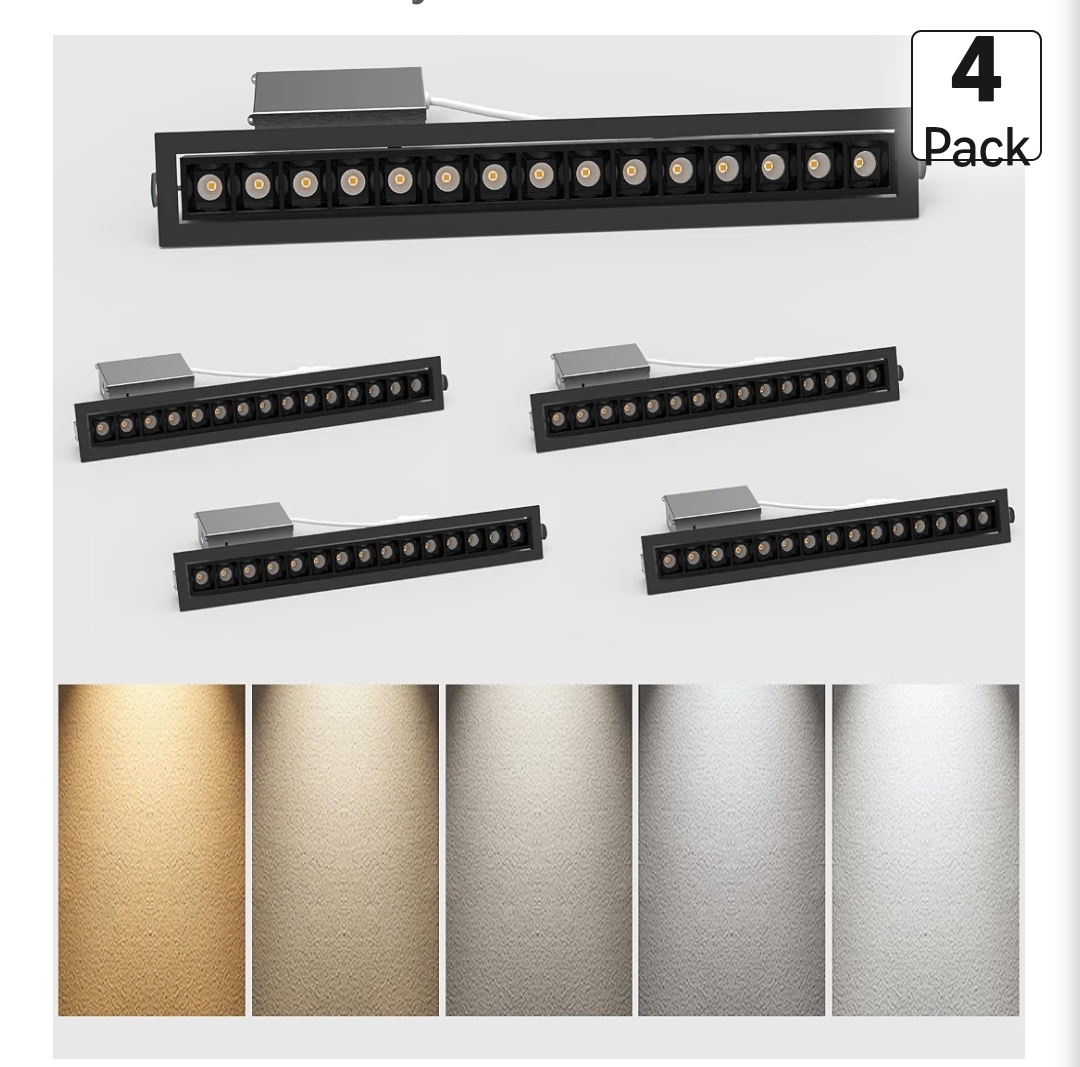 4-Pack LED Linear Recessed Spotlight, 15W Aluminum Recessed Grille Spotlight with Junction Box, Dimable Downlight 5 CCT 3000K-6500K, TRIAC Dimming Lighting