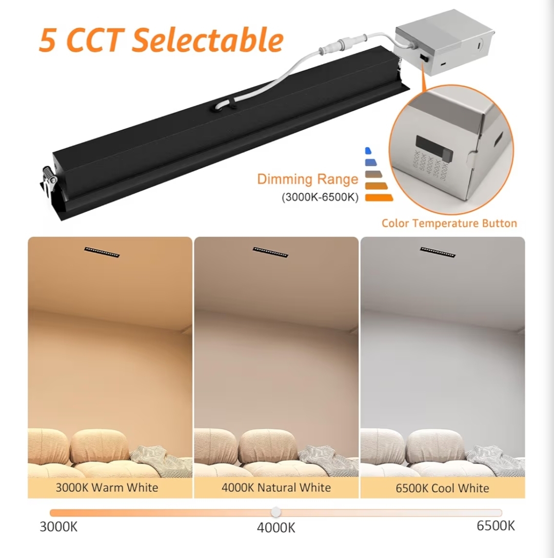 4-Pack LED Linear Recessed Spotlight, 15W Aluminum Recessed Grille Spotlight with Junction Box, Dimable Downlight 5 CCT 3000K-6500K, TRIAC Dimming Lighting - Image 5