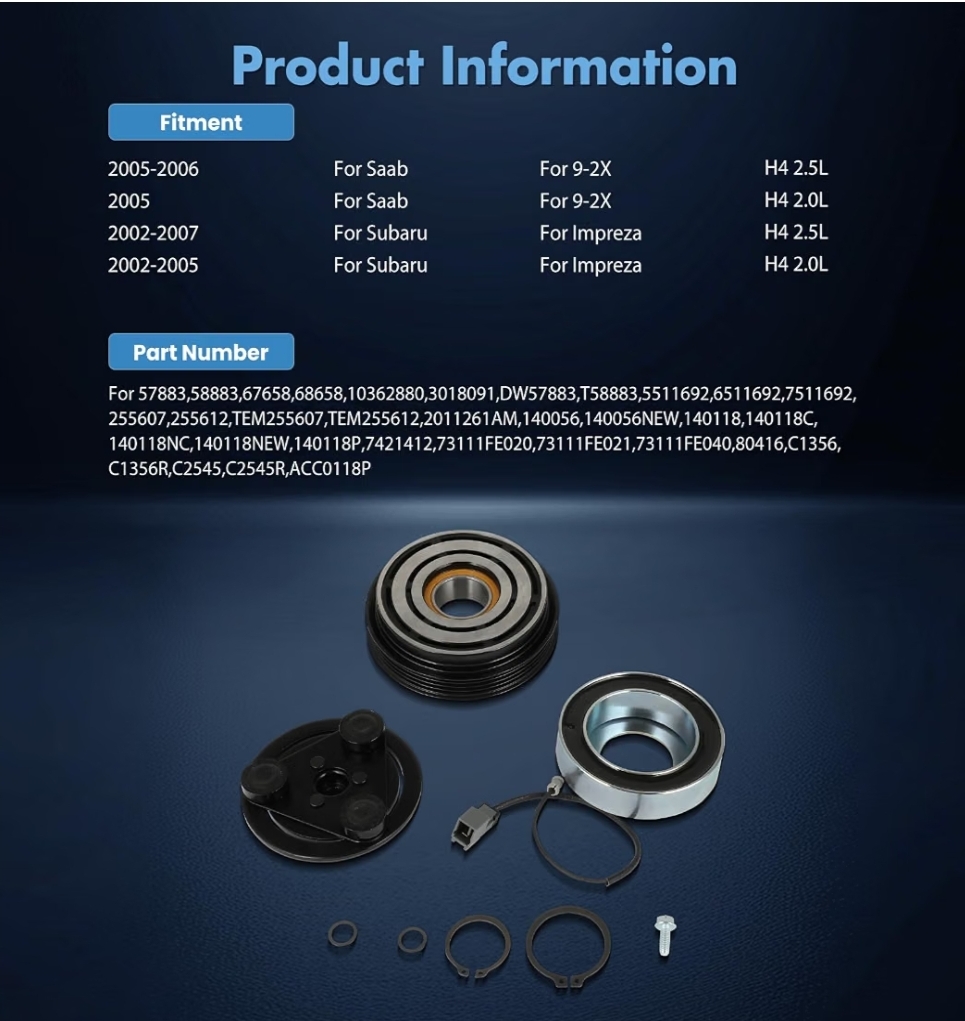 AC Compressor Clutch Fit for Saab 9-2X 2.0L 2.5L 2005-2006 Fit for Subaru Impreza 2.0L 2.5L 2002-2007 AC Clutch Kit - Image 4