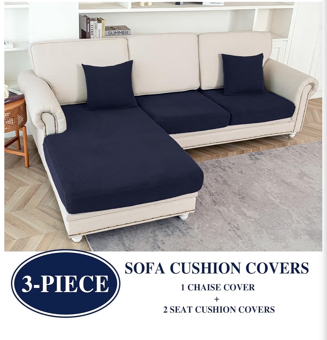 Couch Cushion Covers for Sectional Sofa L Shape Washable Separate Seat Chaise Couch Cover Stretch Sofa Slipcovers with 2 Pcs Pillowcases (2 Seater + 1 Chaise, Navy) - Image 4
