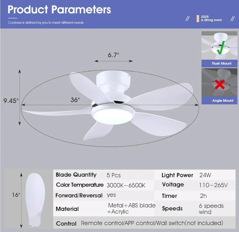 36 Inch Modern Ceiling Fans with Lights Remote/APP Control, 5 Reversible Curved Blades, 6 Speeds, 3 CCT Dimmable Lights White - Image 7