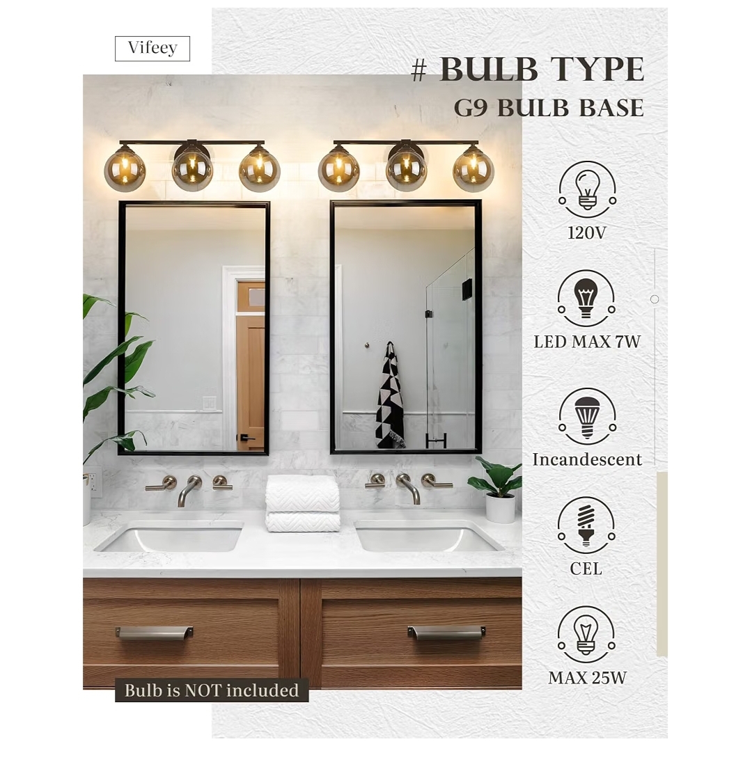 3-Light Vanity Light 21.26 Inch, Oil Rubbed Bronze Finish with Globe Glass Shade(G9 Base), Vanity Light Fixture - Image 3