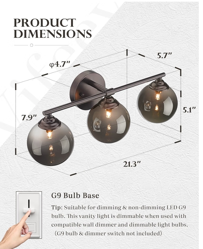 3-Light Vanity Light 21.26 Inch, Oil Rubbed Bronze Finish with Globe Glass Shade(G9 Base), Vanity Light Fixture - Image 5