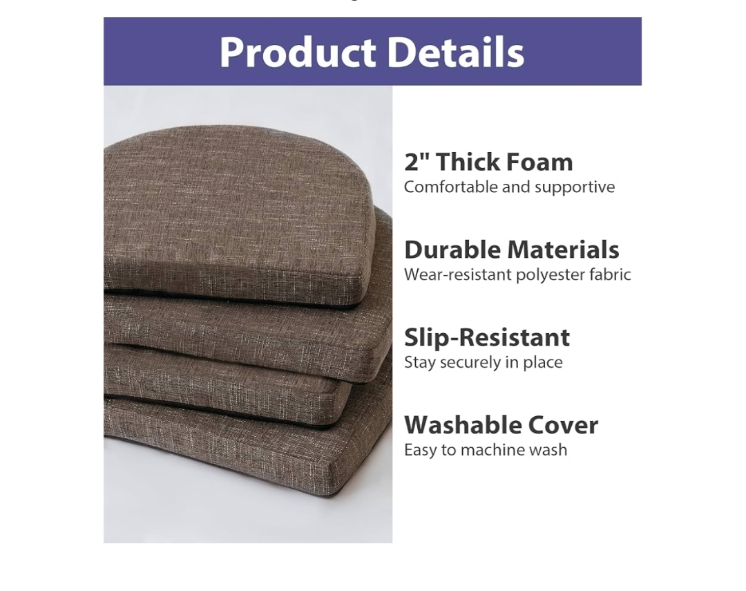 Chair Cushions for Dining Chairs, Kitchen Chair Cushions, 16'' x 16'' x 2'', Non Slip Indoor Seat Cushions, Chair Pads for Dining Chairs with Ties & Removable Cover, Set of 4, Brown - Image 5