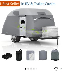 Teardrop Trailer Cover Fits 12'-15' RV, Camper Cover for R-Pod Trailers Waterproof Travel Trailer Cover, 7 Layers Top, Leightweight, Camper Cover with Windproof Strap for Clamshell Trailers