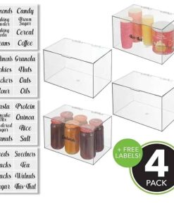 4 PK Plastic Stackable Kitchen Pantry Cabinet/Refrigerator Food Storage Container Bin Box, Attached Flip Lid