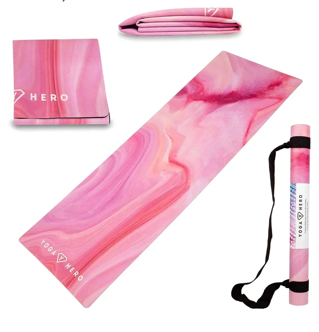 Printed Design- Portable Thin Mat with Carrying Strap- Non Slip Exercise Mats for Home Workout or Studio (Pink Marble)