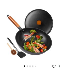 13" Nonstick Wok - Wok Pan with Lid, Carbon Steel Woks & Stir-Fry Pans: Flat Bottom Chinese wok