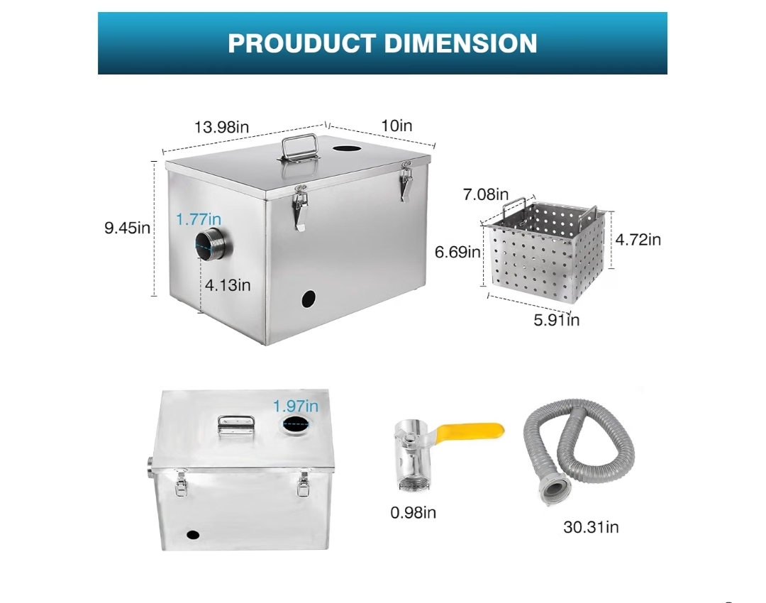 8LBS Top Inlet Commercial Grease Interceptor, Stainless Steel Grease Trap 4 Gallon, Under Sink Grease Trap Waste Water Oil-water Separator - Image 6