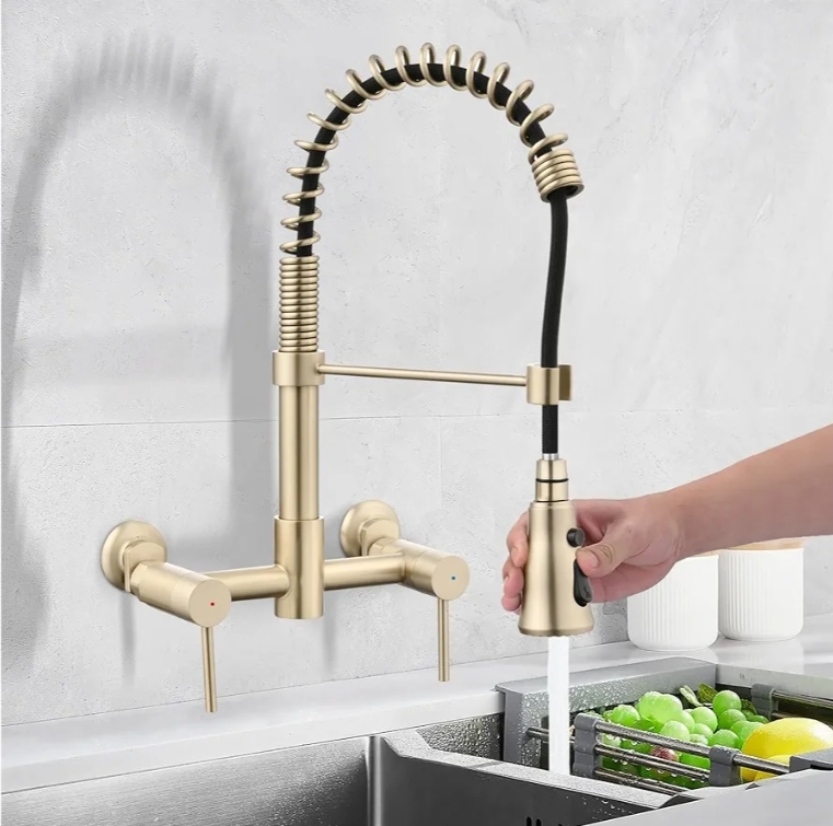 Wall Mount Kitchen Faucet, 8 Inch Center Commercial Sink Faucet with Pull Down Sprayer, 2 Handle Wall Mount Faucet for Kitchen Sink, Brushed Golden