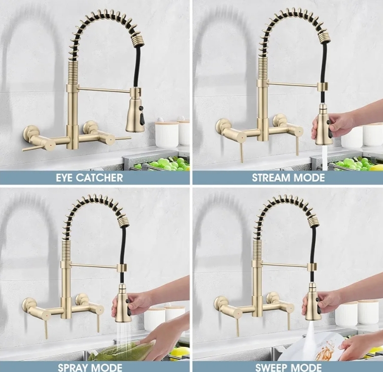 Wall Mount Kitchen Faucet, 8 Inch Center Commercial Sink Faucet with Pull Down Sprayer, 2 Handle Wall Mount Faucet for Kitchen Sink, Brushed Golden - Image 5
