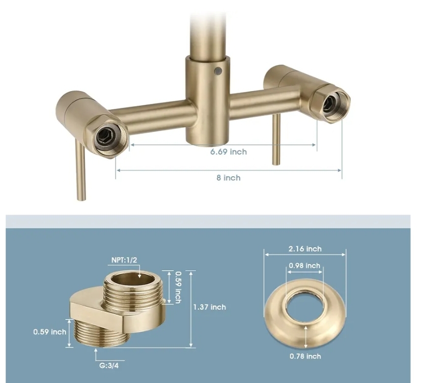 Wall Mount Kitchen Faucet, 8 Inch Center Commercial Sink Faucet with Pull Down Sprayer, 2 Handle Wall Mount Faucet for Kitchen Sink, Brushed Golden - Image 6