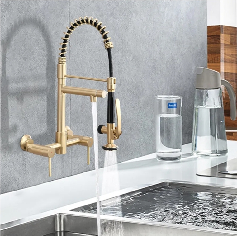 Wall Mount Kitchen Faucet with Pull Down Sprayer, 8 Inch Center Kitchen Sink Faucet, Heavy-Duty Commercial Wall Mount Faucets, 2 Handle Faucet for Kitchen Sink, Brushed Golden