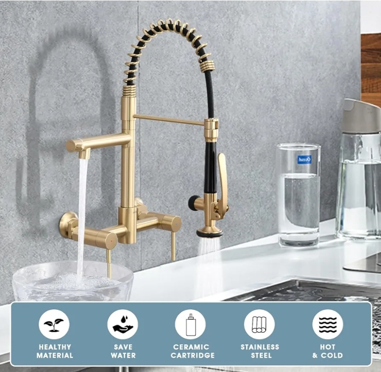Wall Mount Kitchen Faucet with Pull Down Sprayer, 8 Inch Center Kitchen Sink Faucet, Heavy-Duty Commercial Wall Mount Faucets, 2 Handle Faucet for Kitchen Sink, Brushed Golden - Image 5