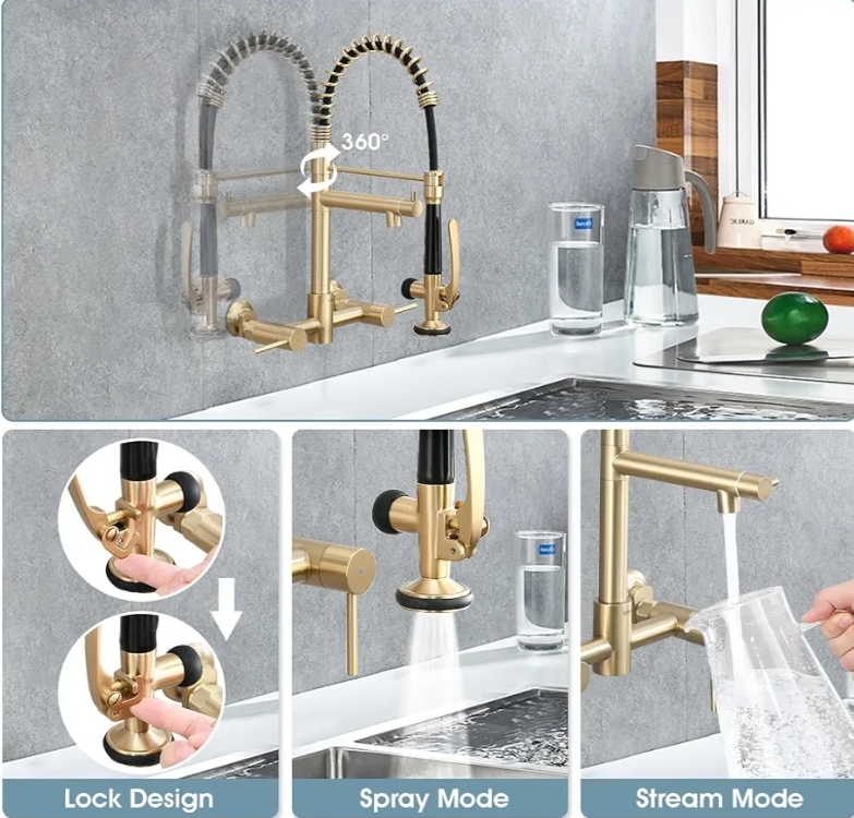 Wall Mount Kitchen Faucet with Pull Down Sprayer, 8 Inch Center Kitchen Sink Faucet, Heavy-Duty Commercial Wall Mount Faucets, 2 Handle Faucet for Kitchen Sink, Brushed Golden - Image 7